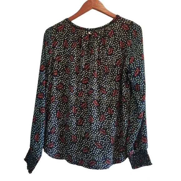 LOFT Blouse Top Womens Medium Black Geo Floral Print Keyhole Round Neck Pullover - Picture 1 of 7